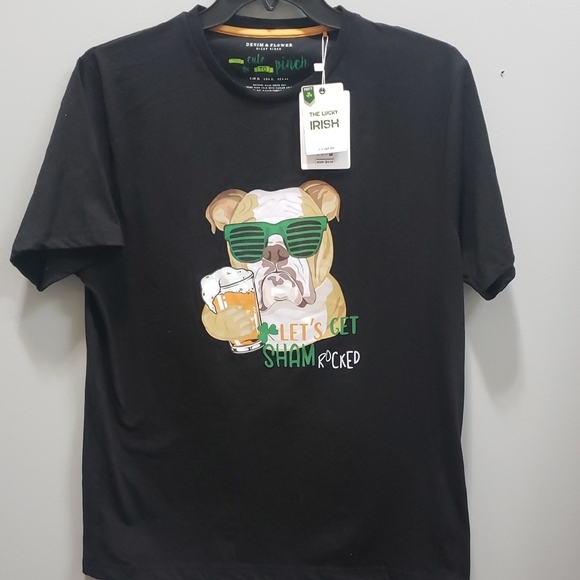 Denim & Flower NWT Bulldog "Let's Get Shamrocked" Black T-Shirt - Picture 1 of 6